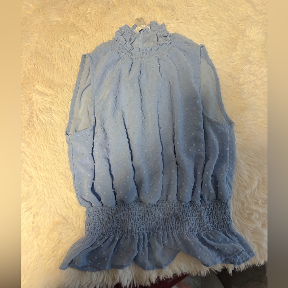 Revamped Light Blue Swiss Dot Ruffle Neck Sleeveless Top